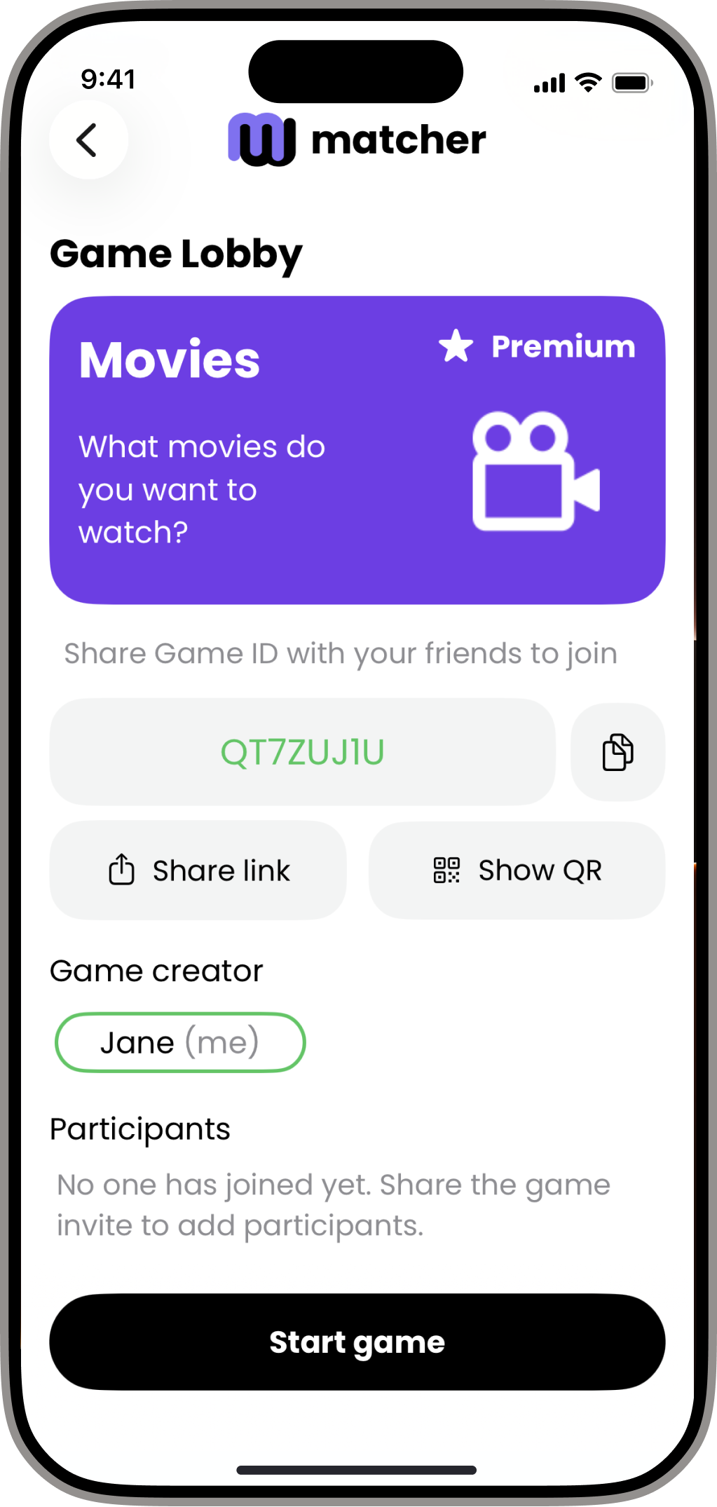 Matcher game creation screen