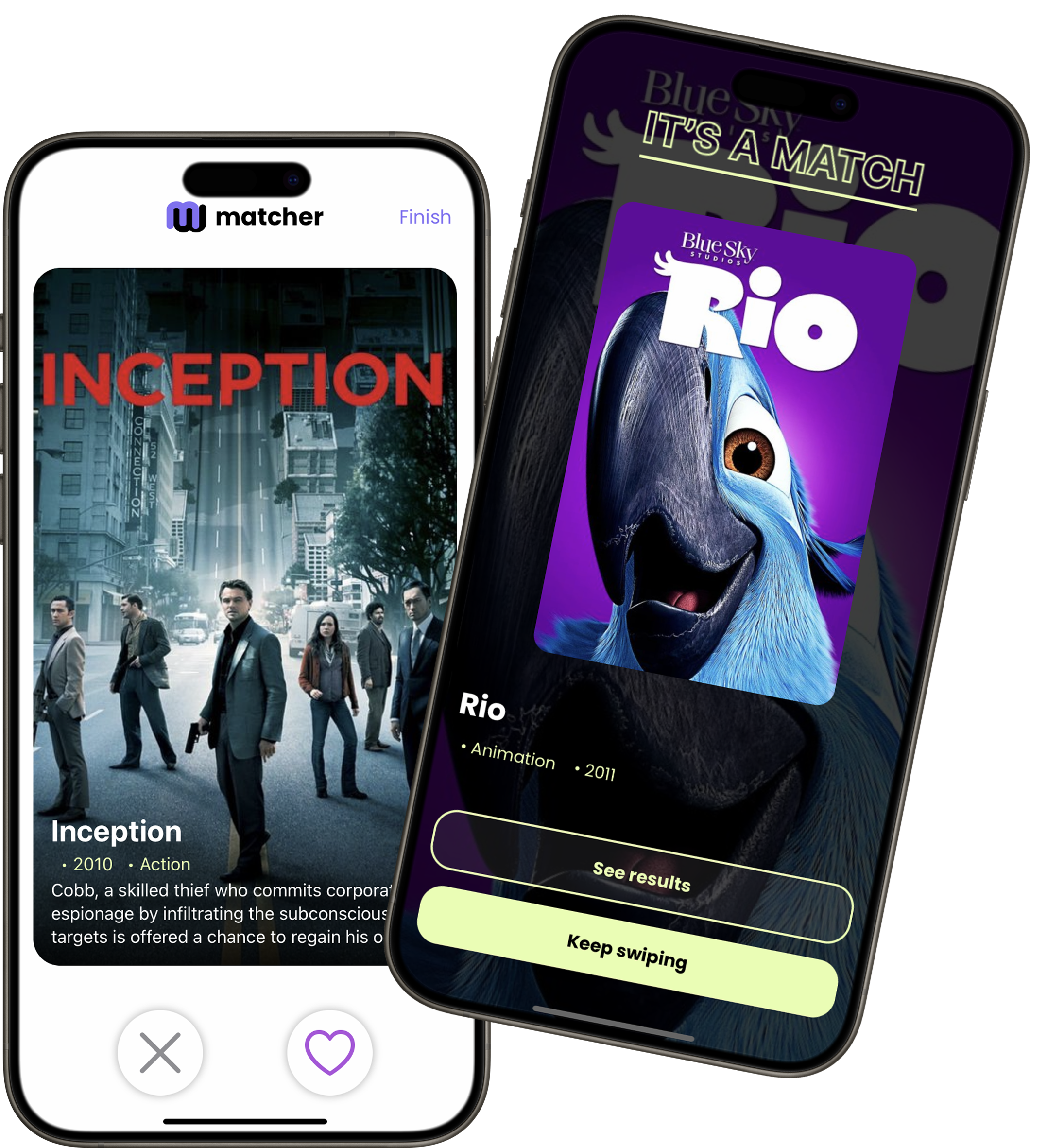 Two phones showing Matcher movie cards and a successful match